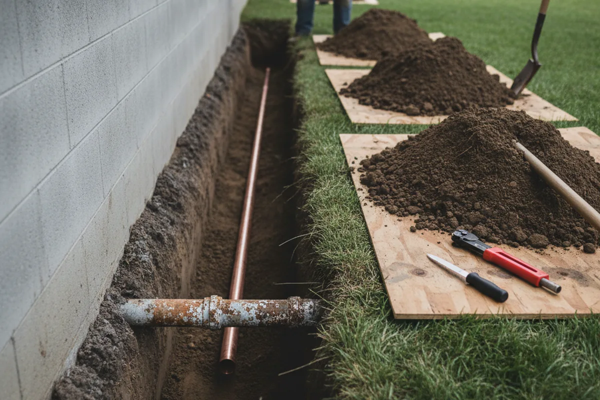 Excavated water line trench during Water Softener Installation in Dixon